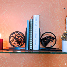 Load image into Gallery viewer, Game of Thrones inspired Ice & Fire laser cut bookends set | Book holder, Fantasy collection