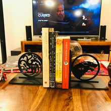 Load image into Gallery viewer, Game of Thrones inspired Ice & Fire laser cut bookends set | Book holder, Fantasy collection