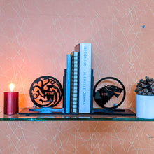 Load image into Gallery viewer, Game of Thrones inspired Ice & Fire laser cut bookends set | Book holder, Fantasy collection