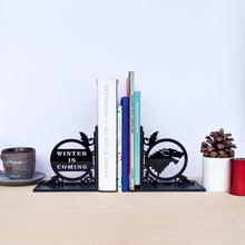Load image into Gallery viewer, Game of Thrones inspired Winter is Coming and Stark house sigil laser cut bookends set | Book holder, Fantasy collection