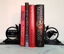 Load image into Gallery viewer, Game of Thrones inspired Winter is Coming and Stark house sigil laser cut bookends set | Book holder, Fantasy collection