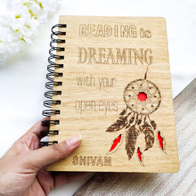 Load image into Gallery viewer, Laser cut and engraved wooden diary with dreamcatcher design and quote