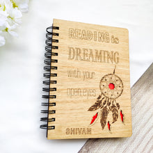 Load image into Gallery viewer, Laser cut and engraved wooden diary with dreamcatcher design and quote