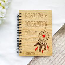 Load image into Gallery viewer, Laser cut and engraved wooden diary with dreamcatcher design and quote