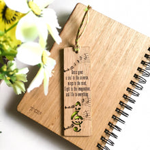 Load image into Gallery viewer, Laser cut and engraved wooden diary with Girl with an umbrella design and a beautiful quote