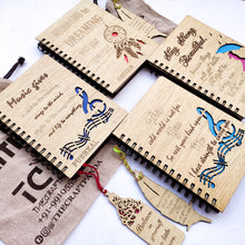 Load image into Gallery viewer, Laser cut and engraved wooden diary with Girl with an umbrella design and a beautiful quote