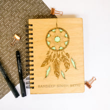 Load image into Gallery viewer, Laser cut and engraved wooden diary with dreamcatcher design
