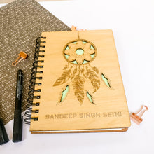 Load image into Gallery viewer, Laser cut and engraved wooden diary with dreamcatcher design