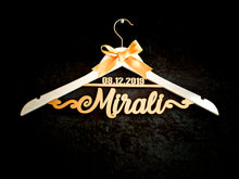 Load image into Gallery viewer, Personalized and customized hanger for wedding photoshoot with outfits for bride and groom | One hanger with double line text