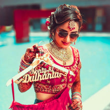 Load image into Gallery viewer, Personalized and customized hanger for wedding photoshoot with outfits for bride and groom | One hanger with double line text