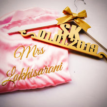 Load image into Gallery viewer, Personalized and customized hanger for wedding photoshoot with outfits for bride and groom | One hanger with double line text