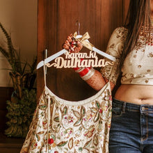 Load image into Gallery viewer, Personalized and customized hanger for wedding photoshoot with outfits for bride and groom | One hanger with double line text