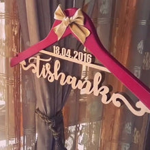 Load image into Gallery viewer, Personalized and customized hanger for wedding photoshoot with outfits for bride and groom | One hanger with double line text