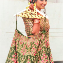 Load image into Gallery viewer, Personalized and customized hanger for wedding photoshoot with outfits for bride and groom | One hanger with double line text