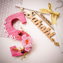 Load image into Gallery viewer, Set of a personalized hanger and monogrammed wooden initial for both pre-wedding and wedding outfit photoshoot