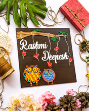 Load image into Gallery viewer, Couple and family wooden name plate with owls and tree