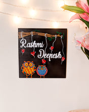 Load image into Gallery viewer, Couple and family wooden name plate with owls and tree