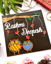 Load image into Gallery viewer, Couple and family wooden name plate with owls and tree