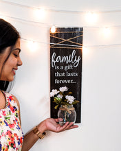 Load image into Gallery viewer, 'Family is a gift' wooden wall décor with mason jar