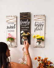 Load image into Gallery viewer, 'Home and family' wooden wall décor set with mason jars | Set of three