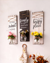 Load image into Gallery viewer, 'Home and family' wooden wall décor set with mason jars | Set of three