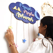 Load image into Gallery viewer, Cloud, moon and stars wooden wall hanging | Kids décor- Blue