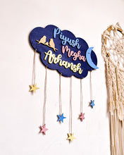 Load image into Gallery viewer, Cloud, moon and stars wooden wall hanging | Kids décor- Blue