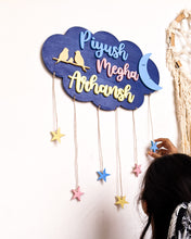 Load image into Gallery viewer, Cloud, moon and stars wooden wall hanging | Kids décor- Blue