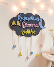 Load image into Gallery viewer, Cloud, moon and stars wooden wall hanging | Kids décor- Grey