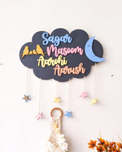 Load image into Gallery viewer, Cloud, moon and stars wooden wall hanging | Kids décor- Grey