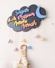 Load image into Gallery viewer, Cloud, moon and stars wooden wall hanging | Kids décor- Grey