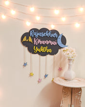 Load image into Gallery viewer, Cloud, moon and stars wooden wall hanging | Kids décor- Grey