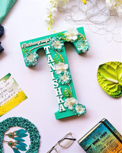 Load image into Gallery viewer, Wooden designer monogrammed initials decorated with flowers | Turquoise green