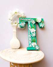 Load image into Gallery viewer, Wooden designer monogrammed initials decorated with flowers | Turquoise green