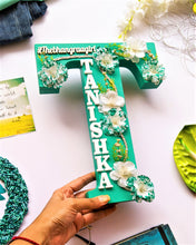 Load image into Gallery viewer, Wooden designer monogrammed initials decorated with flowers | Turquoise green