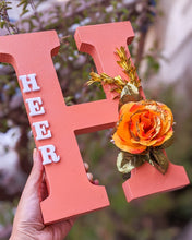 Load image into Gallery viewer, Wooden designer monogrammed initials decorated with flowers | Peach