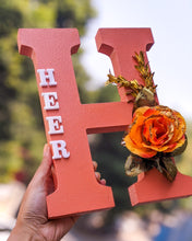 Load image into Gallery viewer, Wooden designer monogrammed initials decorated with flowers | Peach